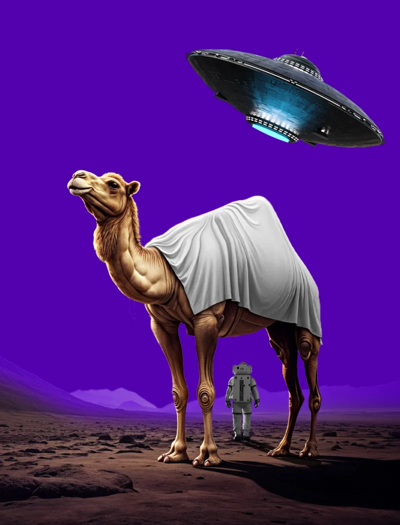Camel, astronaut and UFO on a violet desert — appearing in ChatGPT and Gemini answers, onesolute