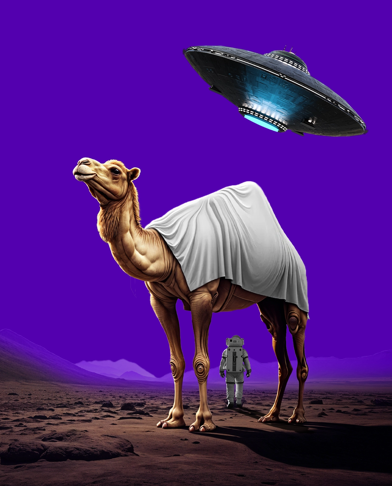 Camel, astronaut and UFO on a violet desert — appearing in ChatGPT and Gemini answers, onesolute